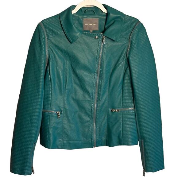 Kate & Mallory Sz M Green Faux Leather Moto Jacket Zip-Off Sleeve biker gorpcore - Picture 2 of 13
